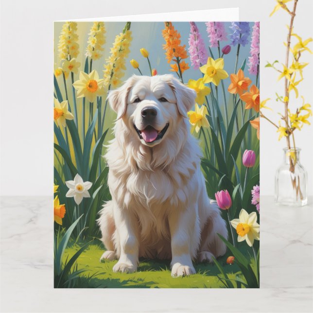 Cartão Cachorro Great Pyrenees Pintura Flores de Primaver (Flor Amarela)