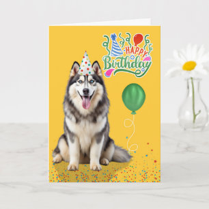 Cartão Cachorro Husky com Chapéu de Festa em Aniversário 