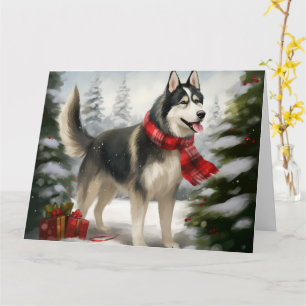 Cartão Cachorro Husky Siberiano na Neve Natal
