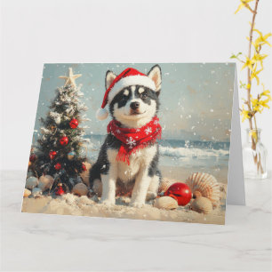 Cartão Cachorro Husky Siberiano Natal Praia Vintage