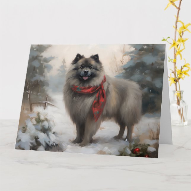 Cartão Cachorro Keeshond no Natal da Neve (Flor Amarela)