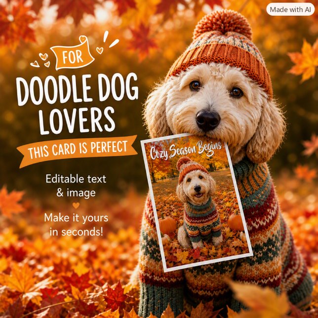 Cartão Cachorro Labradoodle Folhas de Outono Acolhedor Ca (Criador carregado)