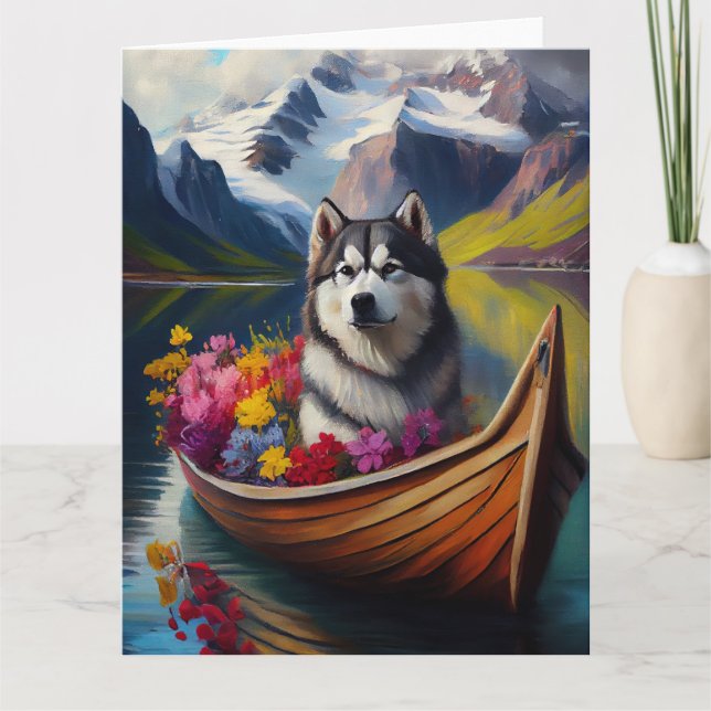Cartão Cachorro Malamute no Paddle: Uma Aventura Cênica (Frente)