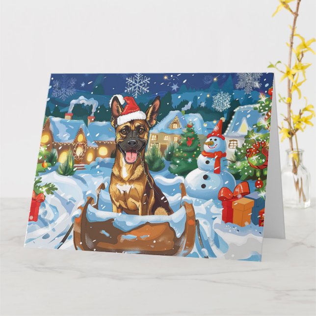 Cartão Cachorro Malinoi belga no Natal da neve em Sleigh (Flor Amarela)
