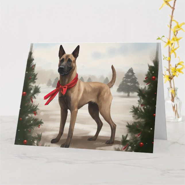 Cartão Cachorro Malinois belga no Natal da neve (Flor Amarela)