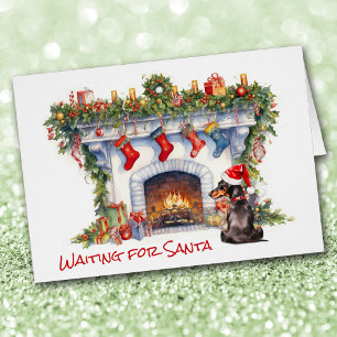 Cartão Cachorro Negro Esperar por Lareira Papai noel