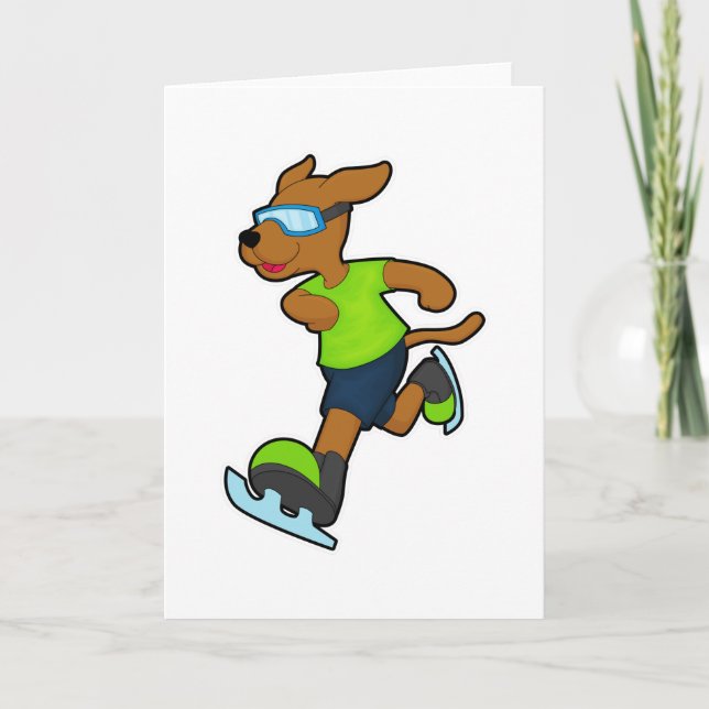Cartão Cachorro no gelo patinando com Óculos de Natação (Frente)