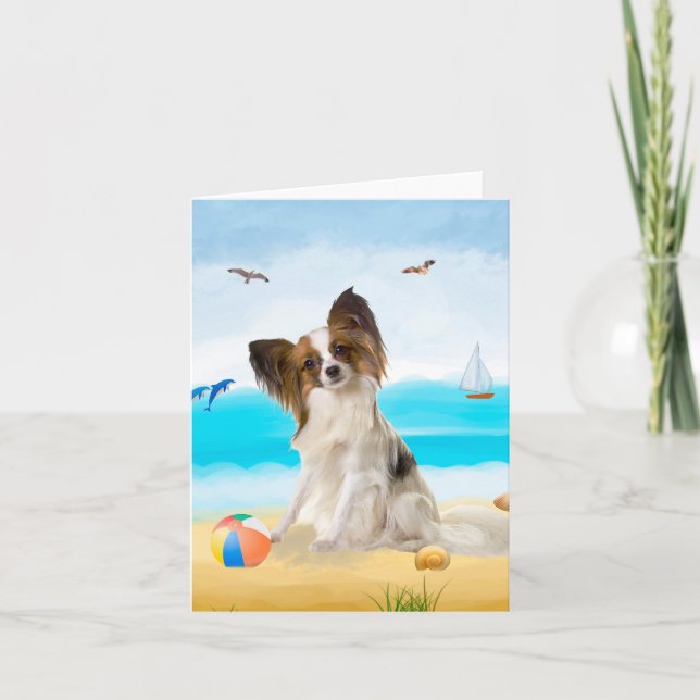 Cartão Cachorro Papillon na Praia (Frente)