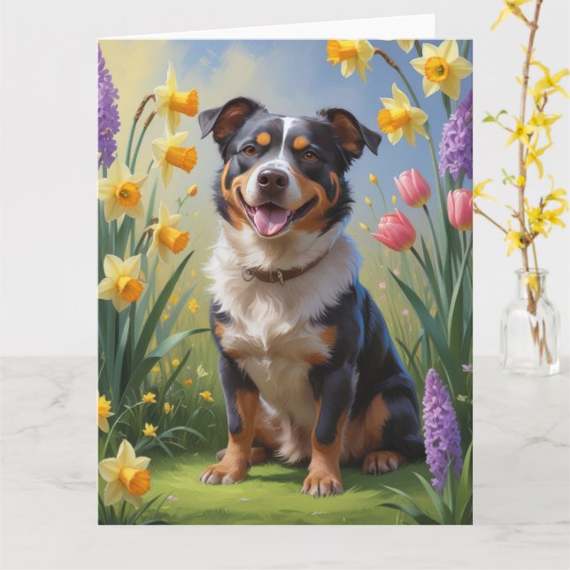 Cartão Cachorro Pastor Australiano Pintura de Flores da P (Flor Amarela)