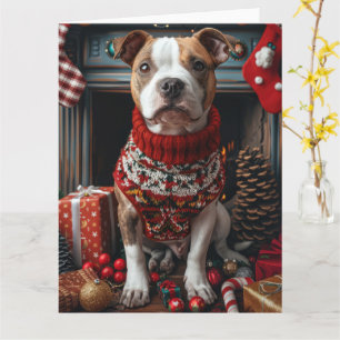Cartão Cachorro Pitbull com Presentes de Natal Lareira