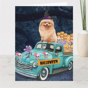 Cartão Cachorro Pomerânia Halloween Caminhão Noite Assust