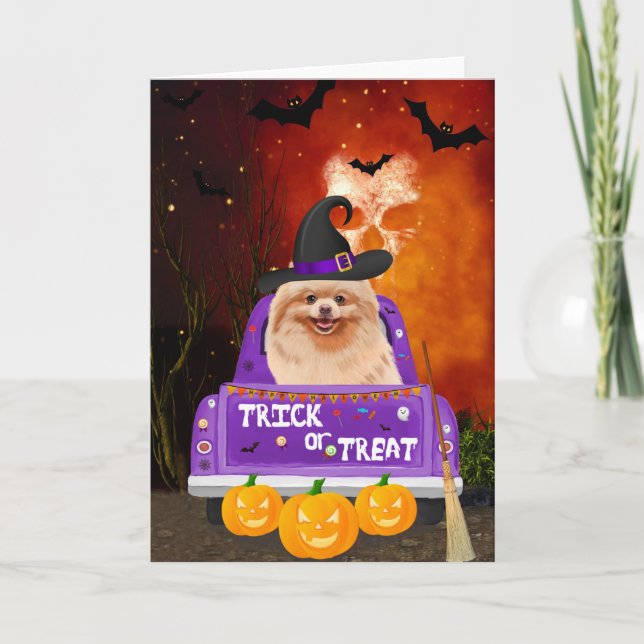 Cartão Cachorro Pomerano em Caminhão de Halloween (Frente)
