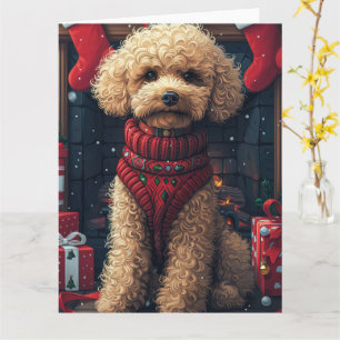 Cartão Cachorro Poodle com Presentes de Natal Lareira