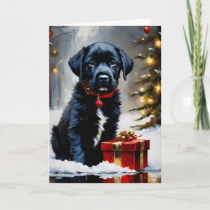 Cartão Cachorro Preto de Natal com Presente Vermelho