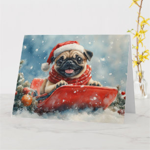 Cartão Cachorro Pug em Trenó Deixe Nevar Natal