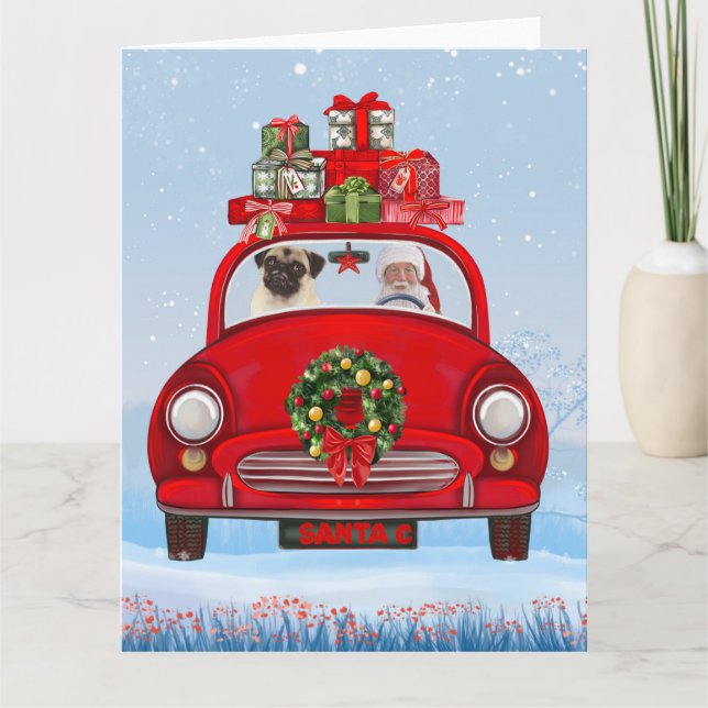 Cartão Cachorro Pug no carro com Papai Noel (Frente)