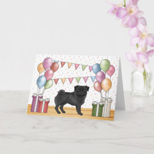 Cartão Cachorro Pug Preto Pastéis Coloridos Feliz Anivers