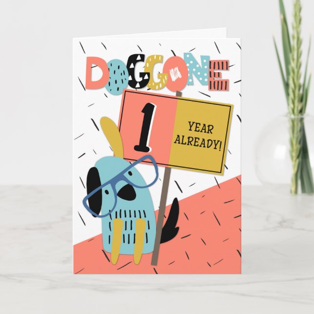 Cartão Cachorro Quadrado do 1º Aniversário do Funcionário (Frente)