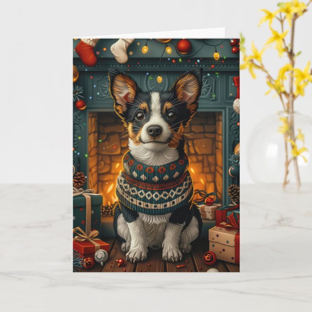 Cartão Cachorro Rat Terrier com Presentes de Natal na Lar (Flor Amarela)