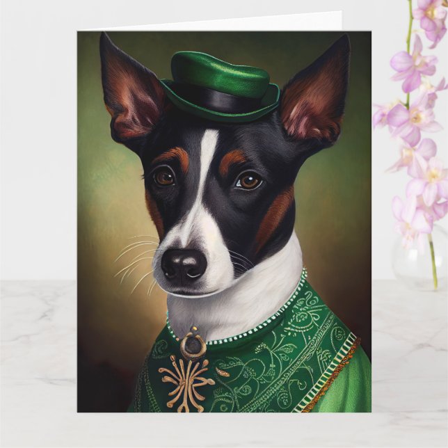 Cartão Cachorro Rat Terrier vestido para o Dia de São Pat (Orquídea)
