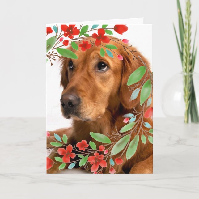 Cartão Cachorro Retriever Dourado com Flores Vermelhas em (Frente)