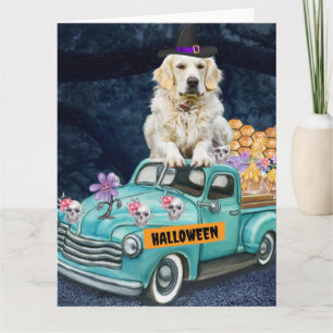 Cartão Cachorro Retriever Dourado de Halloween Caminhão N