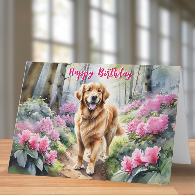 Cartão Cachorro Retriever Dourado Flores Rosa Feliz Anive (A birthday card with picture of a golden retriever dog by rhododendrons, in a watercolor style)