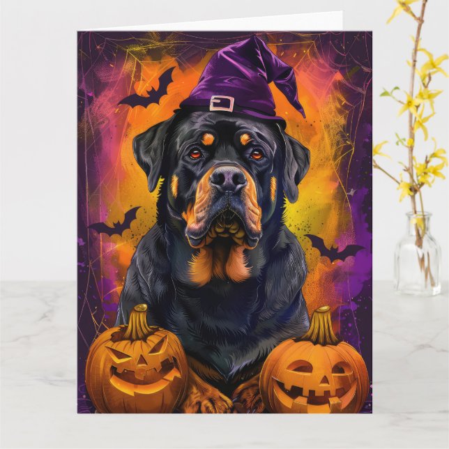 Cartão Cachorro Rottweiler Assustador Dia das Bruxas Brux (Flor Amarela)