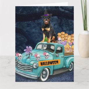 Cartão Cachorro Rottweiler Caminhão de Halloween Noite As