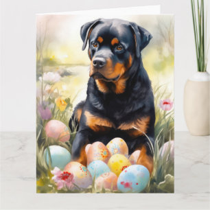 Cartão Cachorro Rottweiler com Ovos de Páscoa Feriado 
