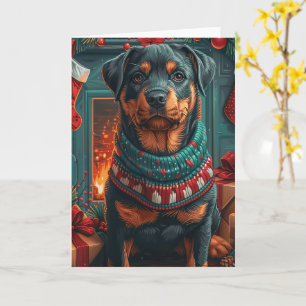 Cartão Cachorro Rottweiler Com Presentes De Natal Lareira