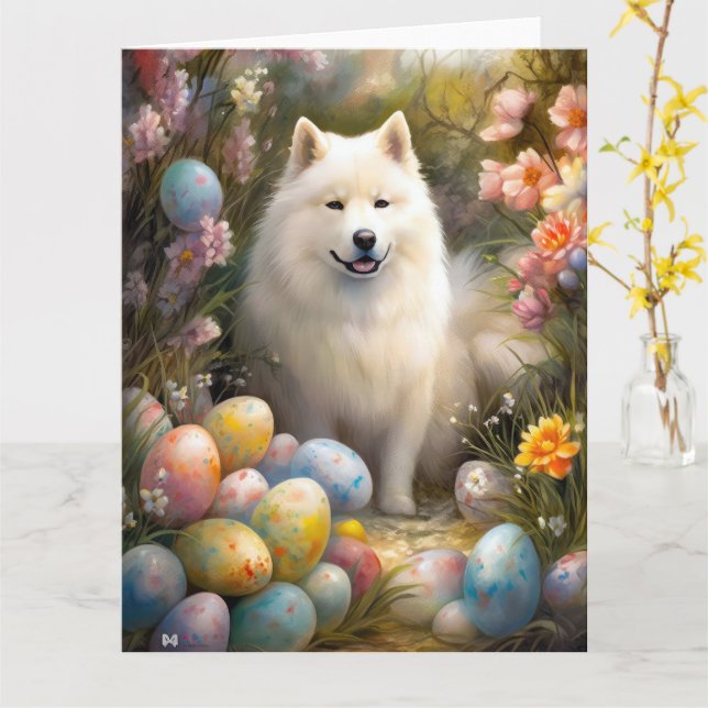 Cartão Cachorro Samoyed com Feriado de Ovos de Páscoa (Flor Amarela)