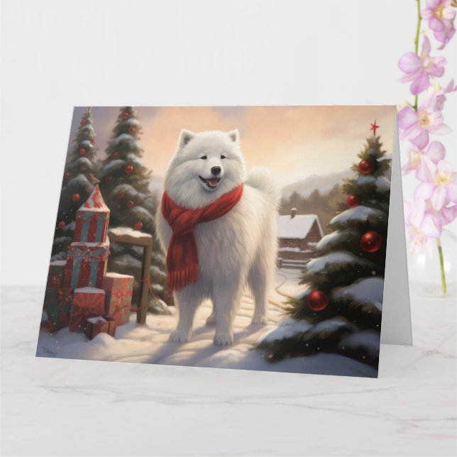 Cartão Cachorro Samoyed no Natal da Neve (Orquídea)