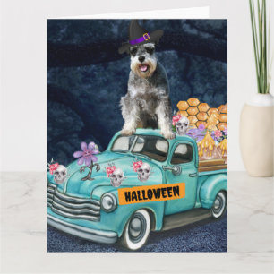 Cartão Cachorro Schnauzer Caminhão de Halloween Noite Ass