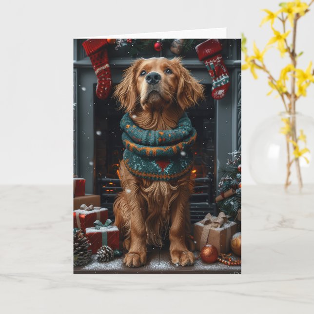 Cartão Cachorro Setter Vermelho Irlandês com Presente de  (Flor Amarela)