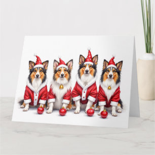 Cartão Cachorro Shetland Christmas Vestido Chapéu de Papa