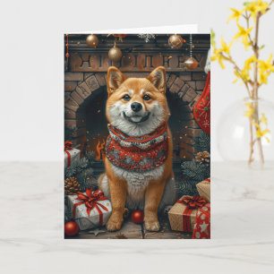 Cartão Cachorro Shiba Inu Com Lareira De Presentes De Nat