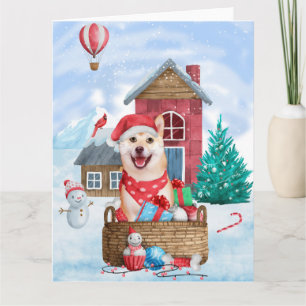 Cartão Cachorro Shiba Inu na Casa de Natal na Neve