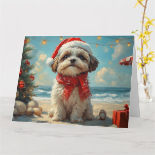 Cartão Cachorro Shih Tzu Natal Praia Vintage