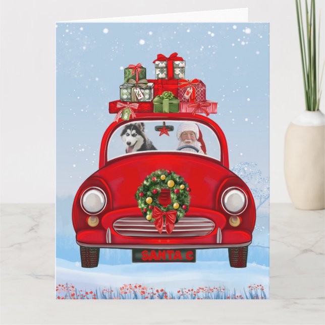 Cartão Cachorro Siberiano Husky No Carro Com Papai Noel (Frente)