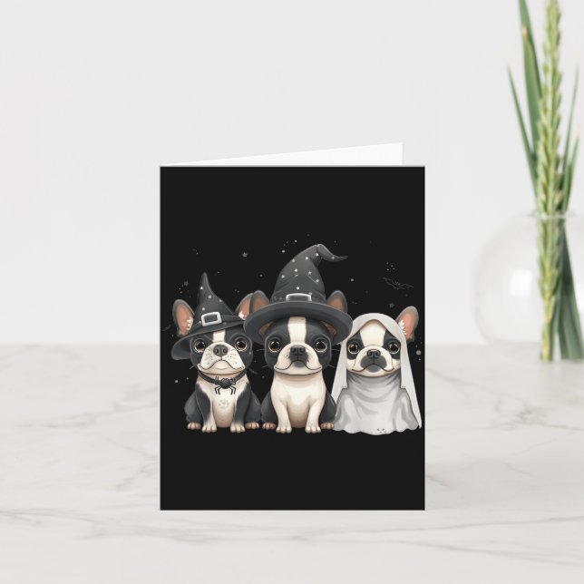 Cartão Cachorros Boston Terrier de Halloween Fofos com Ch (Frente)