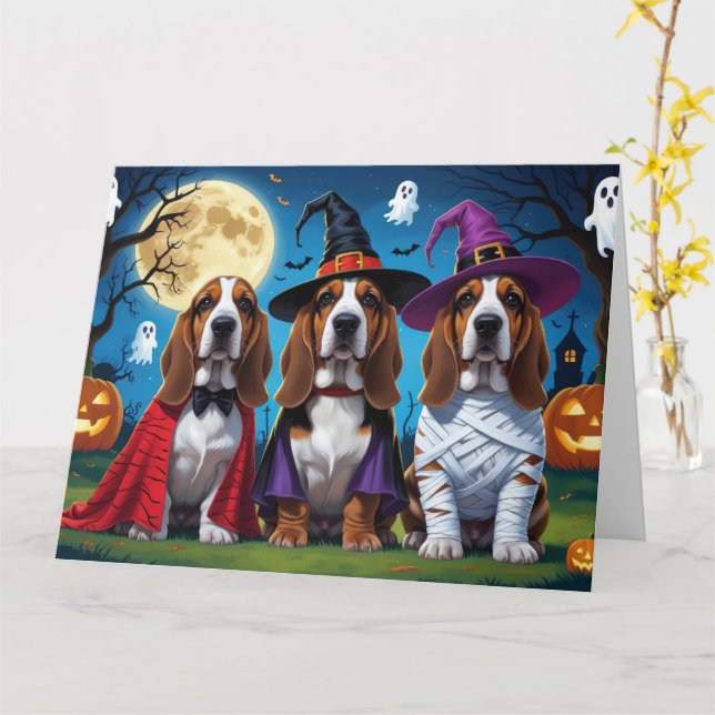 Cartão Cachorros de Basset Pumpkin Halloween Engraçado (Flor Amarela)