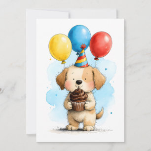 Cartão Cachorrozinho Fofo e Bolo de Aniversário Infantil 
