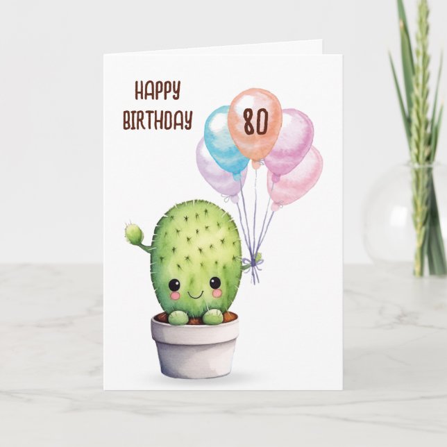 Cartão Cactus Bonito Para Aniversário De 80 (Frente)