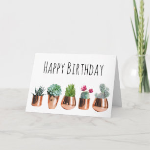 Cartão Cactus e Succults em Potes Rosa Dourados Aniversár