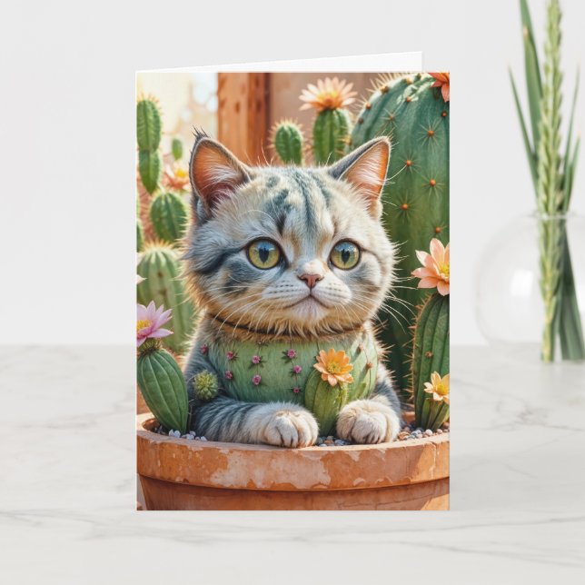 Cartão Cactus e Tabby Cat Birthday (Frente)