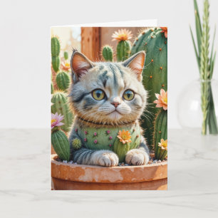Cartão Cactus e Tabby Cat Birthday