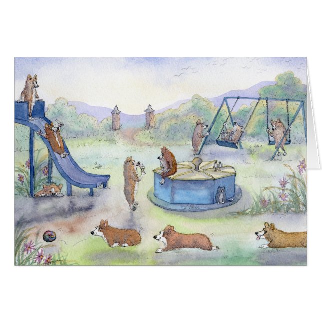 Cartão Cães do Corgi que jogam no parque (Frente Horizontal)