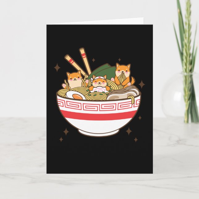 Cartão Cães Kawaii comendo Ramen (Frente)