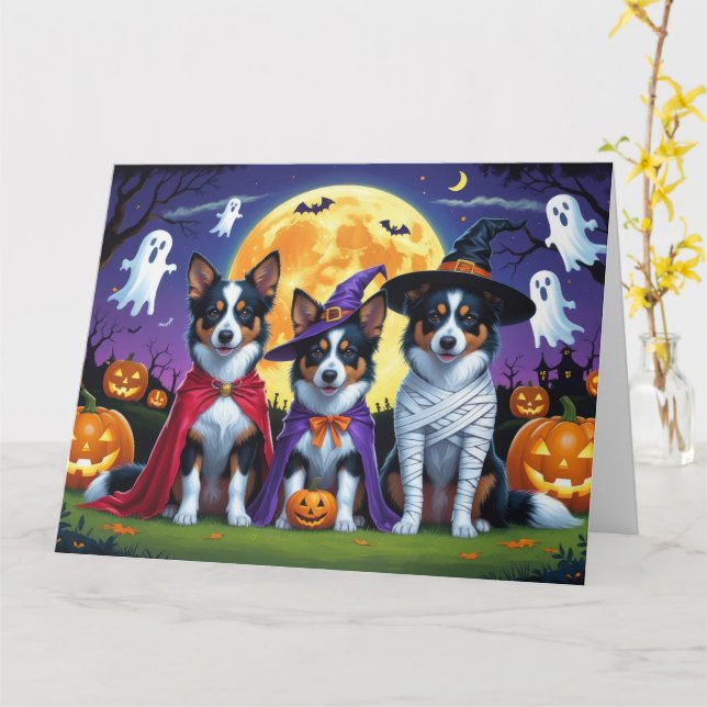 Cartão Cães Kelpies Australianos Pumpkin Halloween Engraç (Flor Amarela)